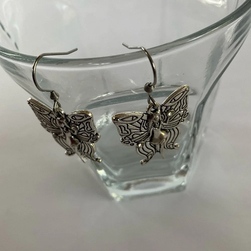 Hand Crafted Earrings Butterfly Faery Charm Antique Silver Fairy Faerie Dangle